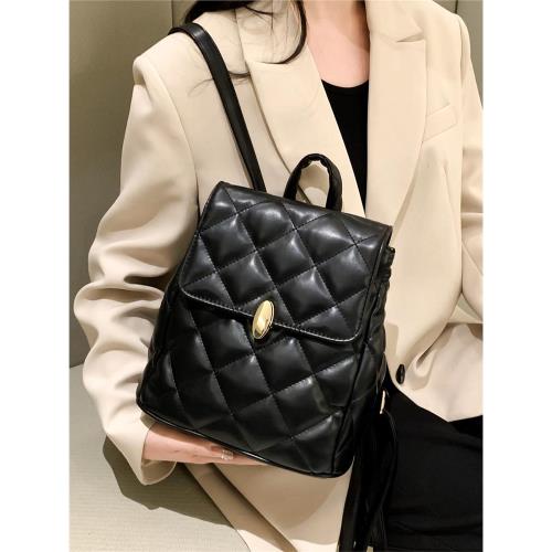 雙肩包女2025新款流行菱格繡線小書包休閑百搭潮流旅行純色小背包