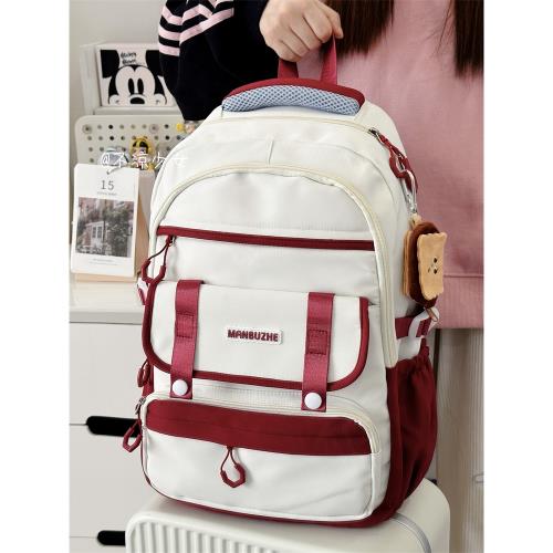 美式復古初中生大容量書包女高中學生撞色雙肩包ins休閑電腦背包