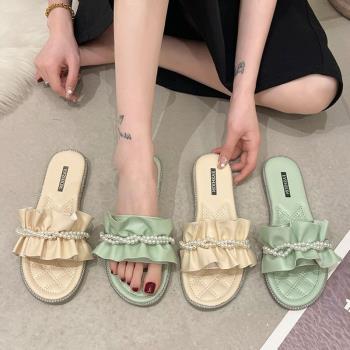 拖鞋女夏外穿新款時尚百搭仙女風珍珠一字拖平底涼拖鞋女