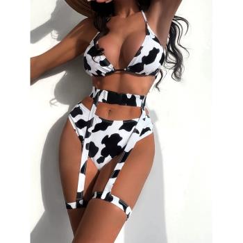 黑白奶牛印花比基尼三件套歐美性感酒吧辣妹分體泳衣女高腰bikini