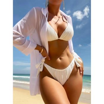 純色三件套罩衫泳裝歐美性感三點式比基尼時尚溫泉分體泳衣bikini