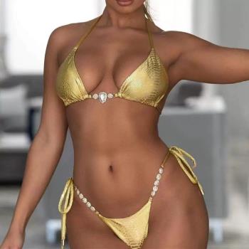 燙金蛇紋三角泳裝系帶掛脖三點式比基尼歐美辣妹金色游泳衣bikini