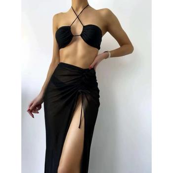 溫泉比基尼三件套黑色分體泳衣帶罩裙歐美ins風辣妹游泳衣Bikini