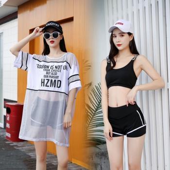 2025新款運動游泳衣女夏分體平角保守顯瘦遮肚大碼三件套溫泉泳裝