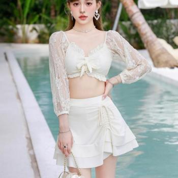 【白月光】泳衣女仙氣bikini比基尼兩件套裙溫泉保守遮肚長袖蕾絲