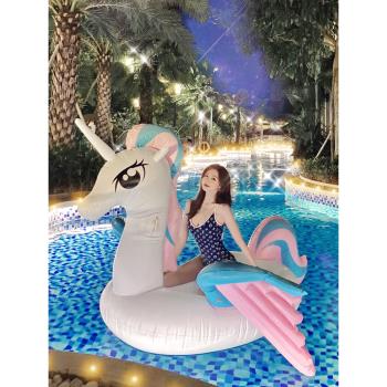 水上坐騎游泳圈七彩虹彩色翅膀飛天馬彩翼獨角獸充氣浮排浮床水泡