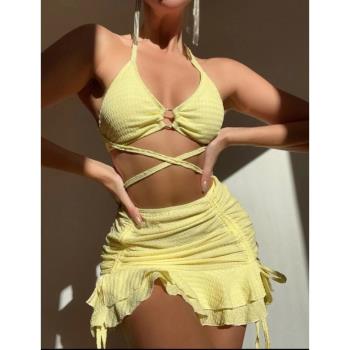 交叉綁帶比基尼帶罩裙歐美純色分體泳衣顯瘦遮肉游泳衣辣妹bikini
