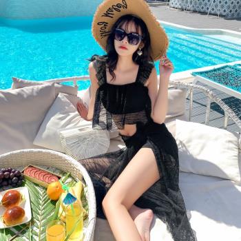 性感bikini泳裝純色分體比基尼三件套帶聚越董絲披紗女士泳衣