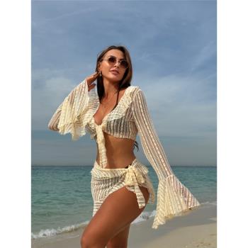 夏季沙灘泳池蕾絲網紗罩衫bikini純色泳裝女生性感比基尼分體泳衣