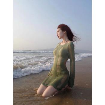泳衣女INS風法式綠色針織破洞比基尼長袖防曬罩衫小胸聚攏大露背