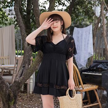 2024新款游泳衣女分體保守顯瘦遮肚胖妹胖MM韓版性感蕾絲溫泉泳裝
