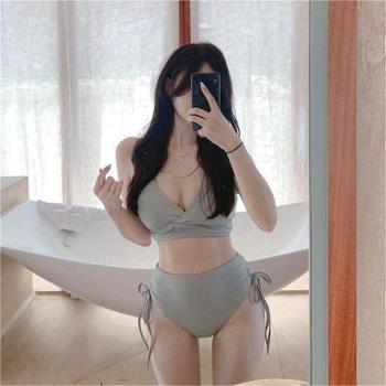 泳衣女新款簡約氣質款純色三角分體比基尼小胸性感可愛遮肚泡溫泉