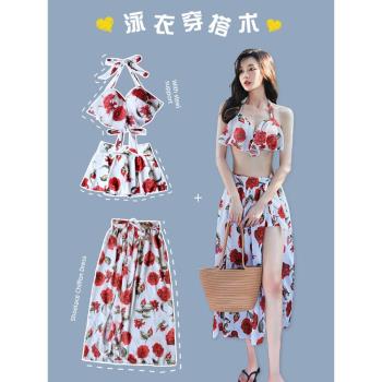 印花荷葉邊比基尼泳衣女士沙灘裙三亞海邊鋼託聚攏性感bikini泳裝