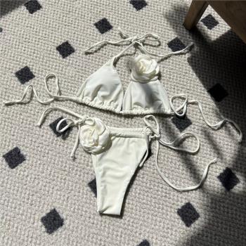 立體花朵三點抽繩比基尼歐美ins網紅拍照分體泳衣溫泉泳裝bikini