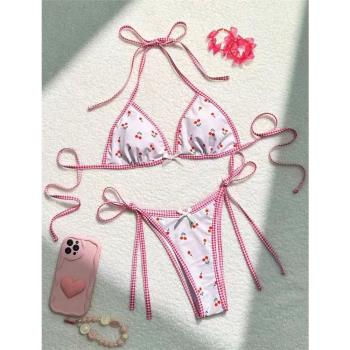 櫻桃印花三點式比基尼歐美ins風小胸綁帶分體泳衣溫泉辣妹bikini