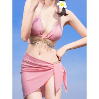 性感bikini比基尼分體三件套遮肚顯瘦純欲風高階感水鉆游泳衣女夏