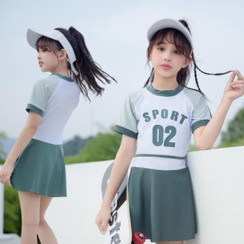 女童泳衣拼色分體平角褲可愛韓版小中大童運動休閑學生裙式游泳裝