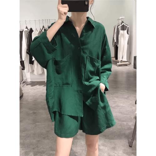 大口袋七分袖襯衫寬松顯瘦闊腿褲2024夏季新款亞麻上衣短褲兩件套