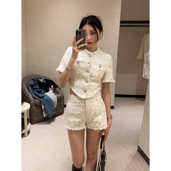 重工坊 手工抽須彩點氣質小香風外套編織 上衣短褲時尚兩件套裝女