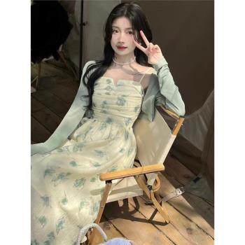 溫柔風防曬開衫套裝上衣女初秋2025新款氣質碎花收腰吊帶裙兩件套