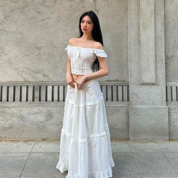 法式宮廷氣質一字肩上衣+半身裙兩件套2024夏季新款辣妹純欲套裝