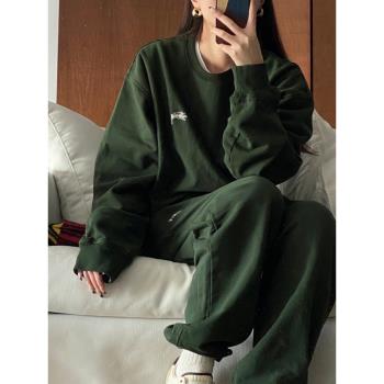 慵懶美式復古森林綠長褲運動服