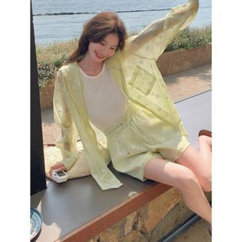 綠色碎花女夏輕薄連帽開衫防曬衣