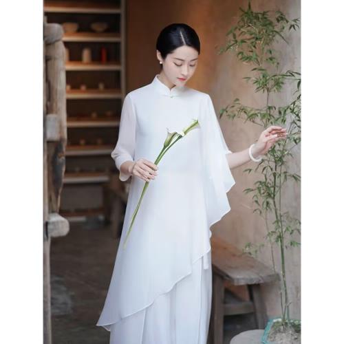 初蟬飄逸禪意茶服仙氣2025年秋季新款女裝中式中國風白色套裝