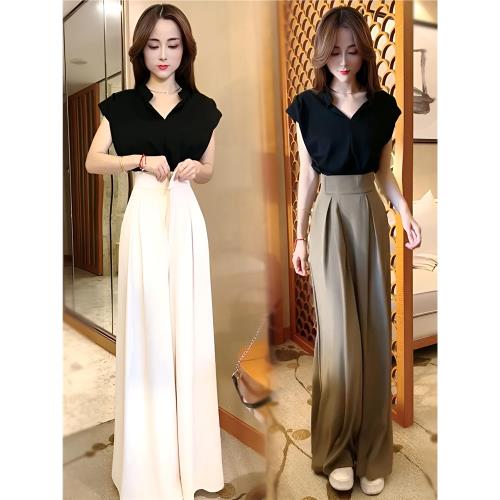 時尚洋氣鹽系輕熟V領無袖直筒襯衫高腰魔術貼西裝闊腿褲顯瘦套裝