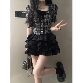 美式chic甜辣風短裙套裝裙女夏季學院風辣妹復古穿搭蛋糕裙兩件套