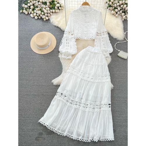 時尚套裝女復古宮廷風燈籠長袖立領鏤空蕾絲上衣兩件套高腰半身裙