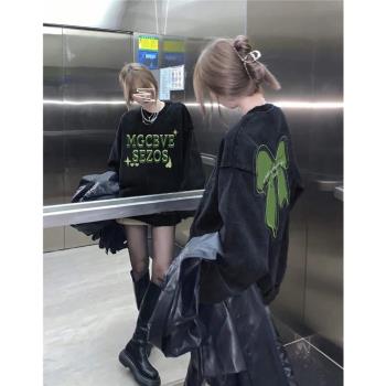 黑色加絨oversize衛衣外套女2025春季季加厚美式復古圓領保暖上衣