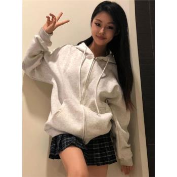 oversize衛衣女2024新款爆款美式拉鏈連帽加絨加厚小眾秋冬季外套