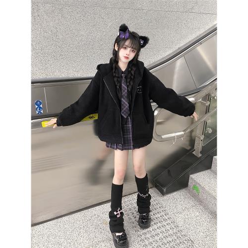 可愛軟妹貓耳朵衛衣女加厚寬松中長款刺繡黑色連帽仿羊羔絨外套女