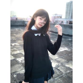東京原創JK制服毛衣外套女疊穿長袖上衣學院風V領黑色套頭針織衫