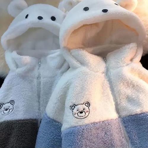 2024秋冬奶甜可愛小熊仿羊羔毛絨連帽棉服男女情侶裝棉衣外套ins