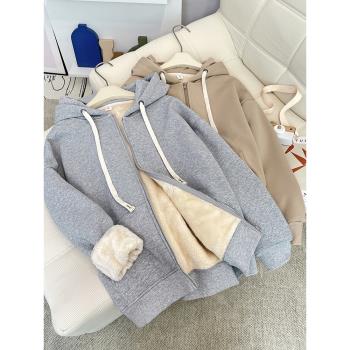 連帽羊羔絨衛衣女秋冬新款加絨加厚女士寬松保暖超厚拉鏈開衫外套