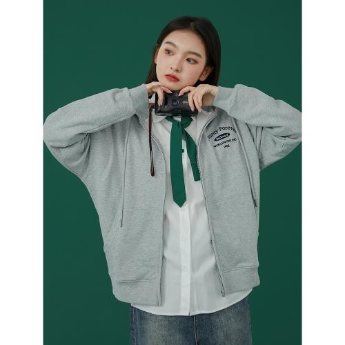 灰色開衫衛衣女春秋2023新款韓版寬松慵懶風休閑運動拉鏈開衫外套