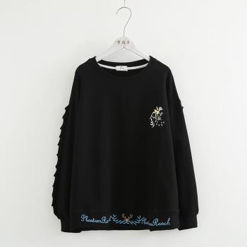 夢箱子2024春新款小鹿刺繡寬松上衣女圓領套頭木耳拼接長袖衛衣