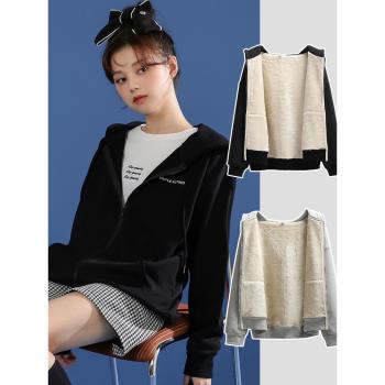 黑色羊羔絨衛衣女秋冬新款韓版加絨加厚連帽拉鏈保暖開衫長袖外套