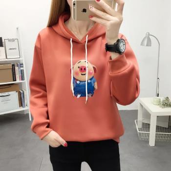 秋冬季節新外套款女裝卡通可愛印花連帽寬松黃色套頭加絨衛衣長袖
