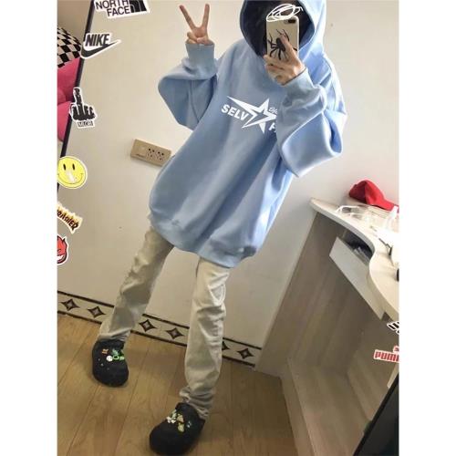 美式復古連帽衛衣女早秋小個子美拉藍穿搭加絨韓版寬松小眾外套潮