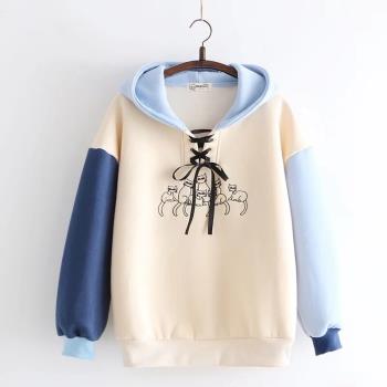 4159拼色小貓加絨衛衣 棉質連帽套頭甜美刺繡百搭長袖外套絨衫女