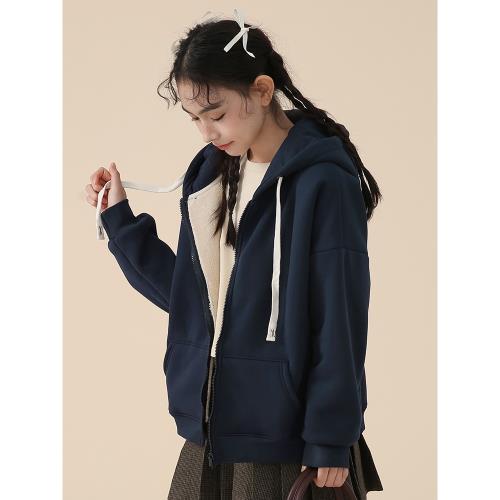 羊羔絨外套女2023新款韓版寬松加絨加厚連帽長袖拉鏈開衫運動衛衣