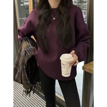 愛麗緹2024年春秋冬季美式復古慵懶風純色圓領衛衣女百搭上衣外套