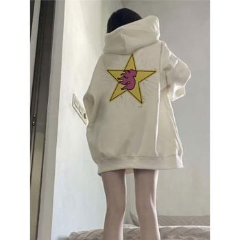 2024新款連帽套頭衛衣女秋冬加絨加厚寬松白色上衣冬季外套ins潮
