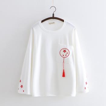 夢箱子2020秋新款日系櫻花刺繡學生上衣女圓領套頭喇叭袖寬松衛衣