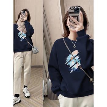 品牌女裝專櫃尾貨清倉純棉圓領衛衣女秋冬小個子加絨加厚寬松上衣