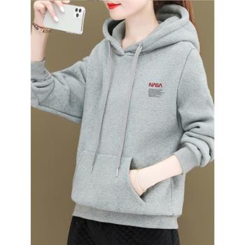 即墨純棉加絨加厚連帽衛衣女秋冬季韓版灰色寬松顯瘦套頭長袖上衣