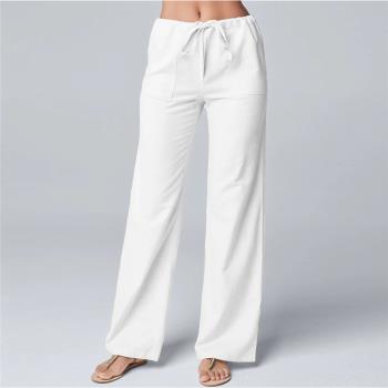 Women Cotton Linen Pants Solid Color Elastic Loose Drawstrin